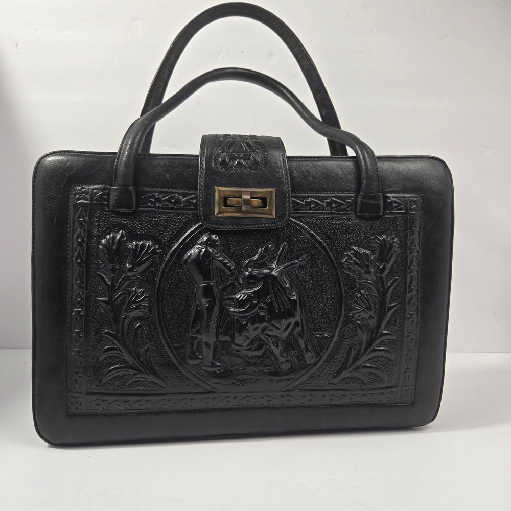 Vintage Mexican Hand Tooled Black Leather Handbag Bullfighter Aztec Calendar Bag